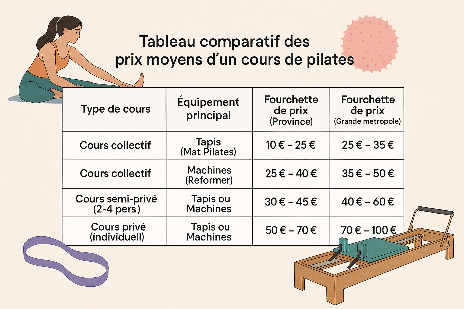 Tableau comparatif des prix moyens d'un cours de pilates Tableau comparatif des prix moyens d'un cours de pilates